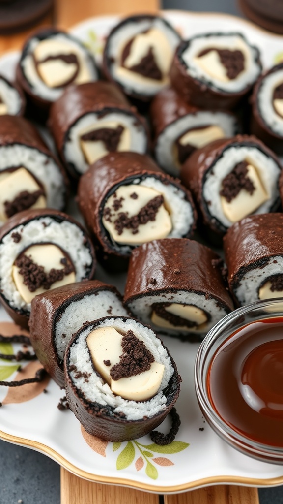 Sliced Oreo sushi rolls on a plate, filled with creamy Oreo mixture and garnished with crushed Oreos.